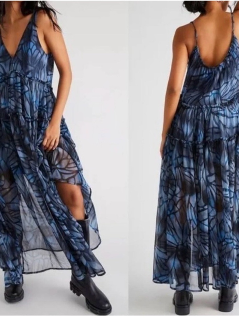 Free People Blue and Navy Abstract Tiered Maxi Dress